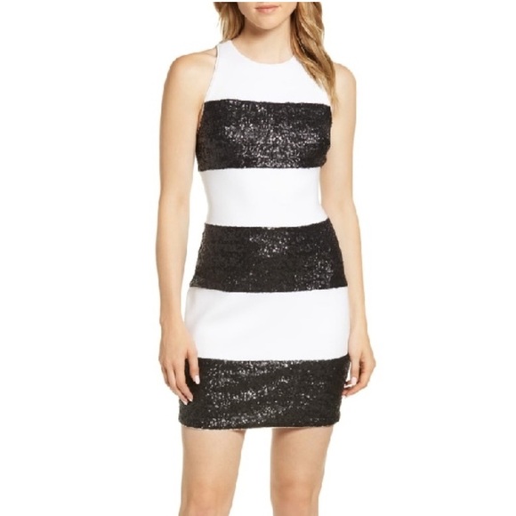 Bailey 44 Black & White Stripe Do The Hustle Sequin Bodycon Mini Dress Medium - Picture 1 of 9
